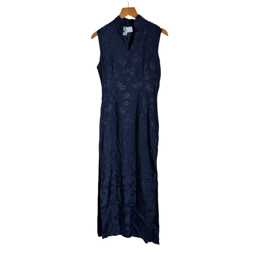 Vintage Navy Floral Brocade Sleeveless High Neck Pencil Dress Women's 5 US Small
